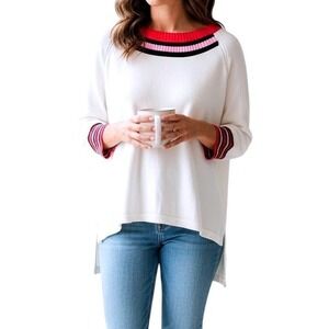Cabi White Stripe Trim Sweater Sz S Sporty Chic 3/4 Sleeve Knit Pullover Preppy